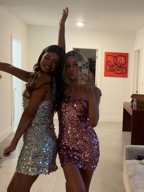 superdown Strapless Sequin Mini Dress - Pink & Silver